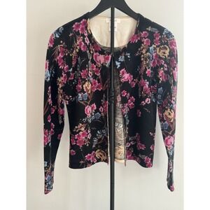 Kate Hill 100% Merino Wool Floral Cardigan Sweater Sz M Black Pink Romantic
